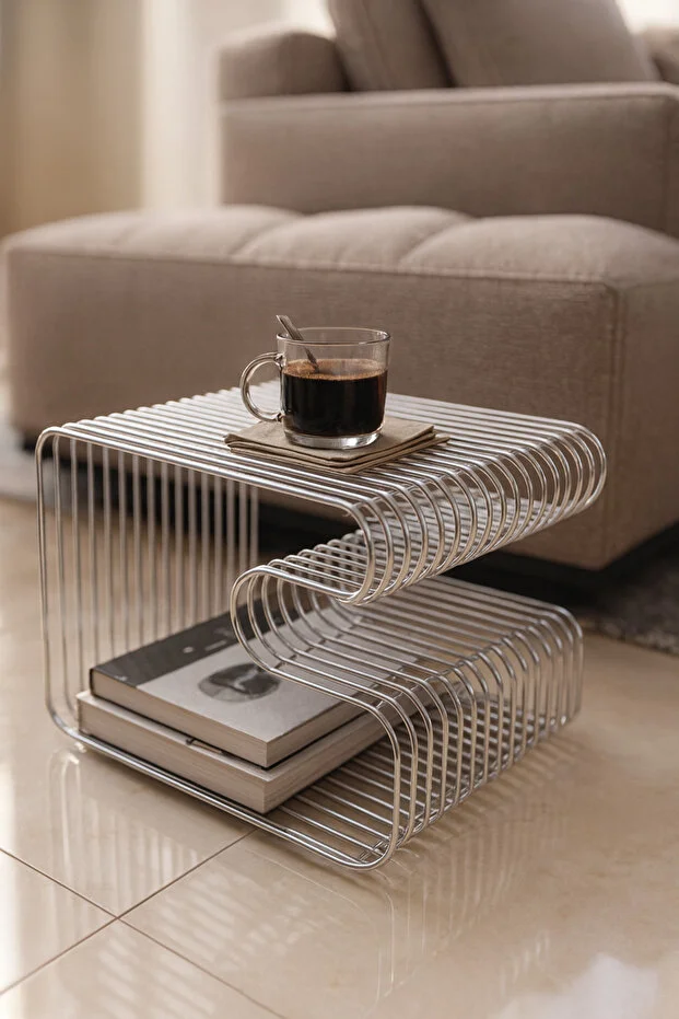 PARİS Gümüş Tel Metal Tasarımlı Modern Paslanmaz Yan Sehpa, Dekoratif Metal Sehpa PARİS Gümüş Tel Metal Tasarımlı Modern Paslanmaz Yan Sehpa, Dekoratif Metal Sehpa
